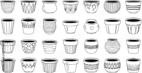 Hand-Drawn Plant Pots Collection. Detailed black and white line art set of various decorative planters with diverse shapes and patterns for gardening and home decor projects.