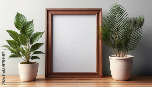 blank picture frame with potted plants on wooden surface minimalist
