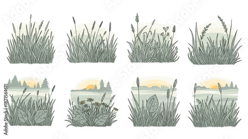 Set of eight handdrawn meadow grass illustrations with subtle landscape backgrounds