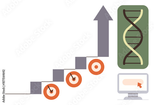Genetic studies, goal setting, medical innovation, data analysis, science, productivity. DNA helix, progress chart with arrow targets and computer screen. Genetic studies and goal setting
