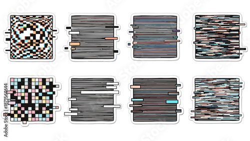 Set of eight abstract glitch art squares with digital distortion and pixelation effects