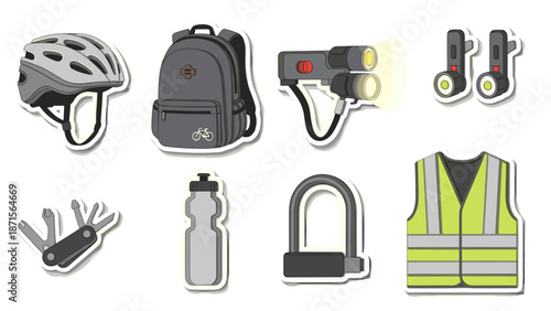 Set of essential bicycle accessories and safety gear icons