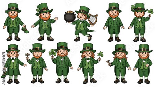 Collection of leprechaun characters in green outfits for st patricks day