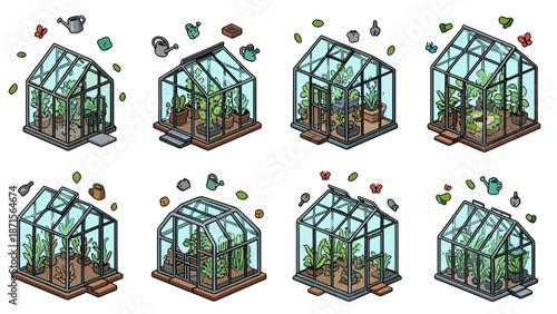 Isometric greenhouse collection with various plants and gardening elements