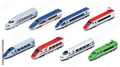Isometric collection of various highspeed shinkansen bullet trains
