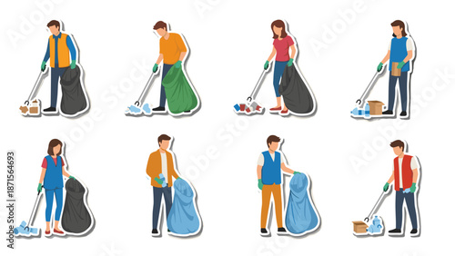Set of diverse people vacuuming and cleaning with trash bags