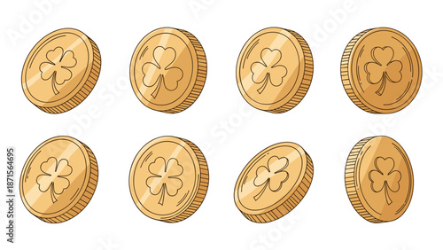 Set of eight gold coins with shamrock engravings in different angles