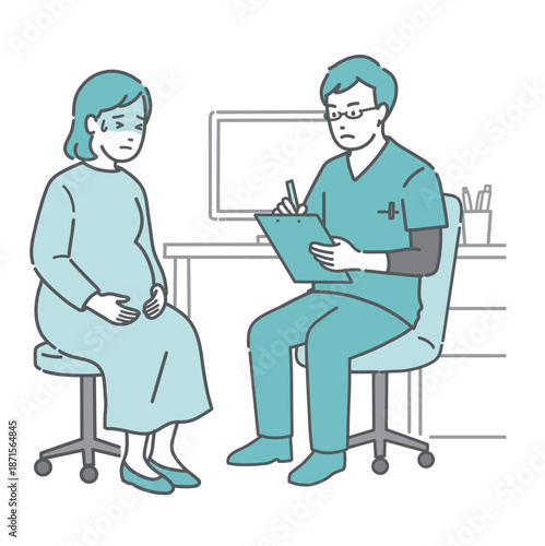 体調不良を訴える妊婦と男性医師（スクラブ・産婦人科・救急）