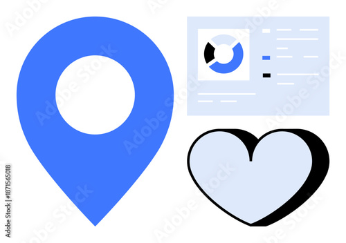 Navigation tools, data analysis, technology concepts, location services, user engagement, graphic design. Blue location pin, heart icon and data chart. Navigation tools and data analysis concept