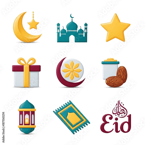 Eid Islamic Symbols Crescent Moon Star Icons.