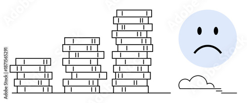 Financial decline concept. Illustration shows stacked coins indicating decreasing growth, paired with a sad face. Financial losses, economic downturn, personal investment, budgeting, business loss