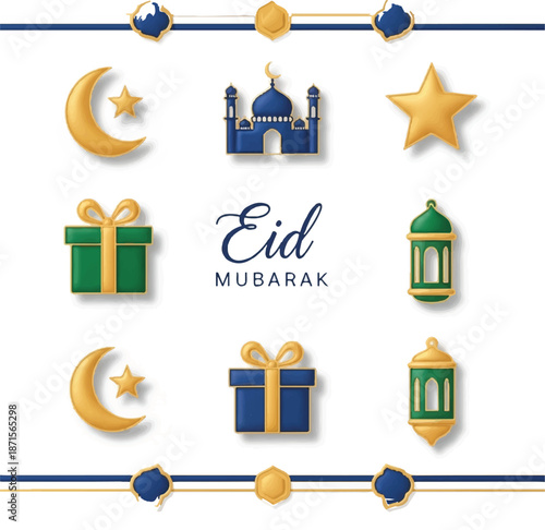 Eid Mubarak Greeting with Islamic Symbols.
