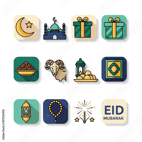 Eid Mubarak Islamic Holiday Icons Set.