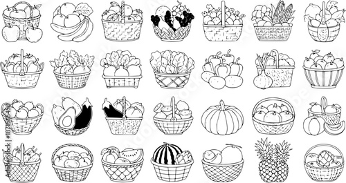 Baskets of Fruits and Vegetables: Hand-Drawn Vector Illustration