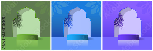 Set of Purple, blue, and green 3D Ramadan Kareem cylindrical podium backdrops in the shape of a mosque gate with golden balls. Minimalist design for product stage mockup, Eid al-Adha Mubarak banner pr