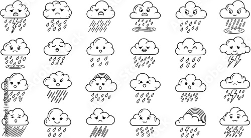 Kawaii Rain Clouds Cartoon Set: Weather Icons with Cute Facial Expressions and Precipitation