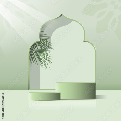 turquoise 3D Ramadan Kareem cylindrical podium backdrops in the shape of a mosque gate with golden balls. Minimalist design for product stage mockup, Eid al-Adha Mubarak banner promotional display.
