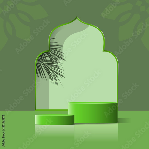 Green 3D Ramadan Kareem cylindrical podium backdrops in the shape of a mosque gate with golden balls. Minimalist design for product stage mockup, Eid al-Adha Mubarak banner promotional display.
