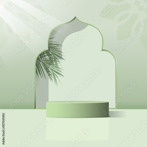 turquoise 3D Ramadan Kareem cylindrical podium backdrops in the shape of a mosque gate with golden balls. Minimalist design for product stage mockup, Eid al-Adha Mubarak banner promotional display.
