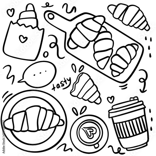 Hand Drawn Doodle Croissant Illustration for Bakery Branding, Cafe Menu and Food Packaging Design
