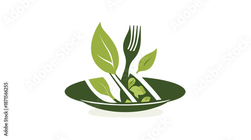 Green Plate with Fork and Leaves.