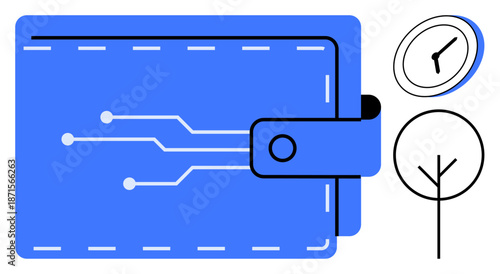 Financial innovation, time management, digital transactions, modern economy, fintech, sustainability. Digital wallet with circuit design, clock and tree. Financial innovation and time management