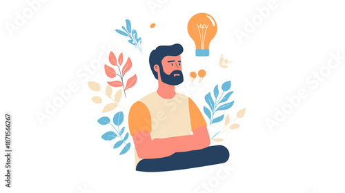 Man Meditating with Lightbulb Idea.