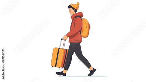 Man Walking with Luggage and Backpack.