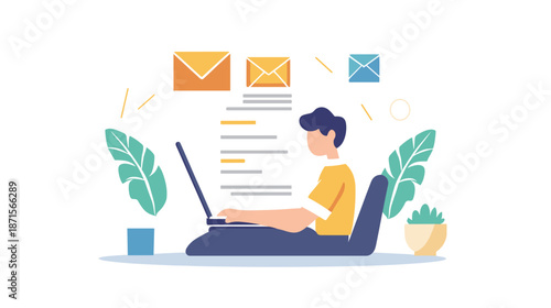 Man Working on Laptop with Email Icons.