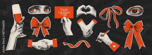 Collection of retro-style Valentine’s Day collage elements: hand gestures, ribbons, bows, eyes, and love cards. Halftone texture and bold red details evoke a nostalgic romantic vibe.