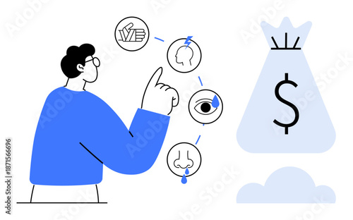 Person pointing at various sensory icons including touch, sight, smell, and taste leading to a financial concept represented by a money bag. Ideal for education, business strategy, marketing