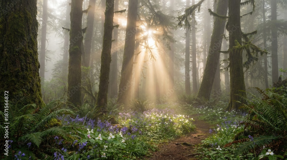 Obraz premium Sun Rays Breaking Through The Misty Canopy Of An Ancient Mossy Forest Onto A Vibrant Field Of Purple And White Wildflowers At Early Dawn