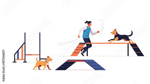 Dog agility training with handler running on obstacle course.