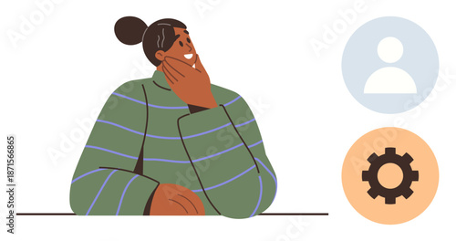 Decision-making, user interfaces, customization tools, self-reflection, personal development, problem-solving. A person in thought near a profile icon and gear icon. Decision-making and user