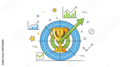 Golden Trophy with Rising Graph and Checkmark.