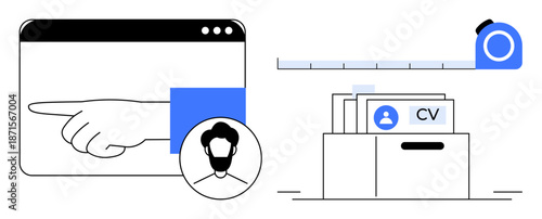 Recruitment process. Recruitment tools emphasizing accuracy and candidate selection. Recruitment highlighted with CV and assessment elements for HR, career services, hiring professionals, and job