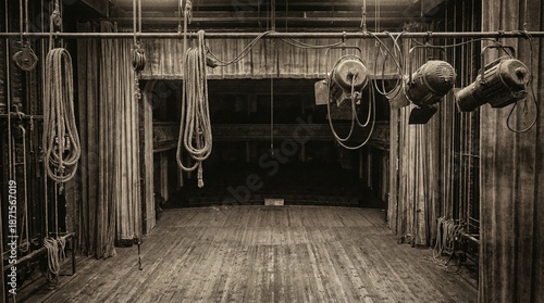 Vintage Empty Theater Stage In Sepia Tone Featuring Aged Wooden Floorboards Hanging Rigging Ropes And Stage Lighting Facing Dark Auditorium