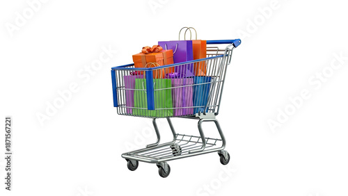 Shopping Cart Filled with Colorful Gift Bags and Boxes
