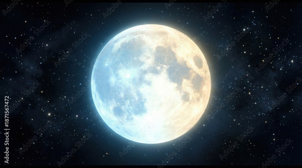 Obraz premium Luminous Full Moon Glowing Brightly In A Deep Blue Starry Night Sky Surrounded By Celestial Constellations And Distant Space Nebulae