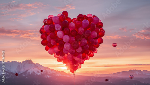 愛を象徴するハート型バルーンと夕焼けの山が作る温かい風景.生成AI