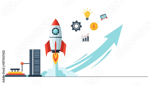 Rocket Launching Upward with Growth Icons.