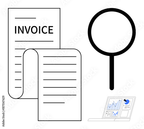 Finance, auditing, data analysis, business management, expense tracking, accounting systems. Invoice document, magnifying glass and laptop screen with charts. Finance and auditing