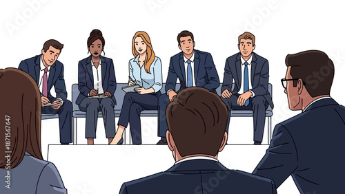 Business panel discussion with diverse professionals on stage.