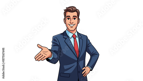 Businessman in suit gesturing welcome.