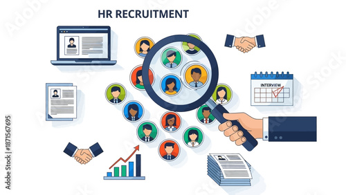 HR Recruitment Process with Magnifying Glass.
