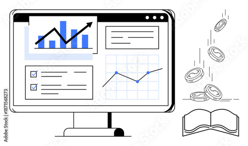 Data analysis, financial growth, investment planning, business reports, digital economy, market research. Computer monitor with graphs, charts and falling coins. Data analysis and financial growth