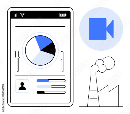 Data analysis, sustainability, video conferencing, factory monitoring, remote work, environmental impact. Tablet displaying a pie chart, video icon industrial factory. Data analysis