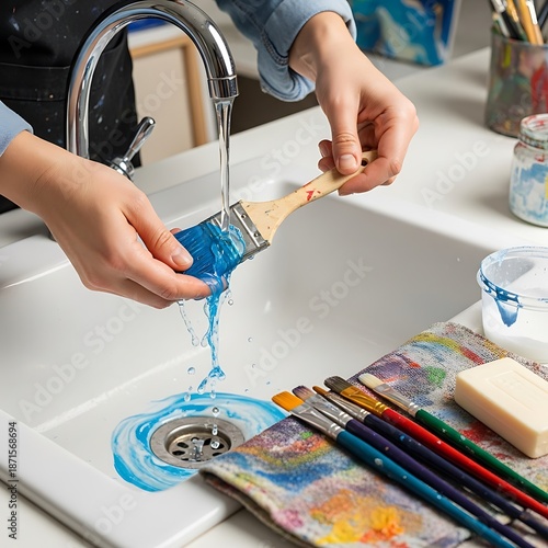 Artist rinsing paint brush under faucet in white sink for studio cleaning