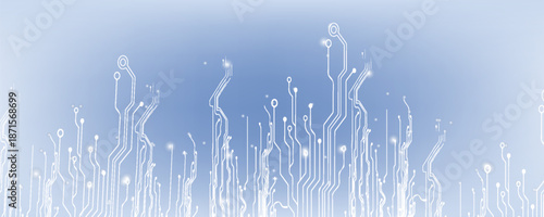 Abstract AI circuit board background. Technology connected white lines with electronics elements on tech bg.