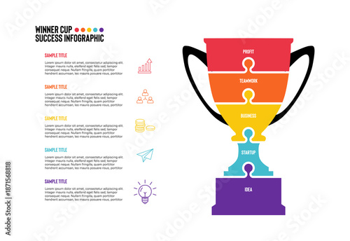 Vecor Winner cup. Success infographic 5 parts. Presentation slide template. Venn Diagram chart with 5 steps, processes. vector editable 